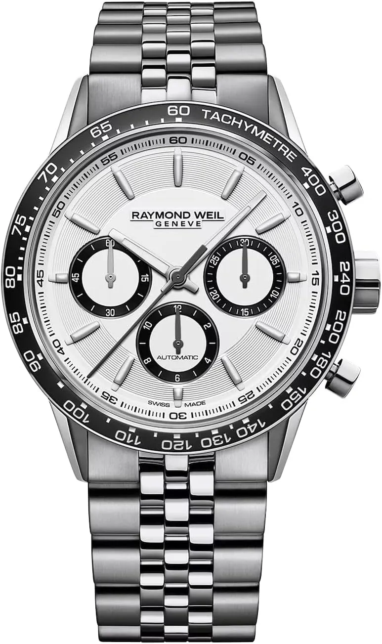 RAYMOND WEIL Freelancer Men's Automatic Watch, Chronograph, White Dial with Silver Indexes, Black Ceramic Bezel, Stainless Steel Case, 43.5mm (Model: 7741-ST1-30021)