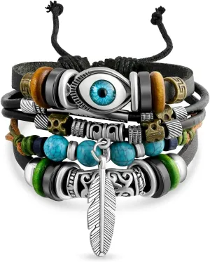 Retro Boho Bohemian Surf Zen Coin Concho Brown Genuine Leather Rope Braid Triple Wrap Multi Layer Shield Wood Bead Charm Wristband Bolo Bracelet For Women Men Adjustable