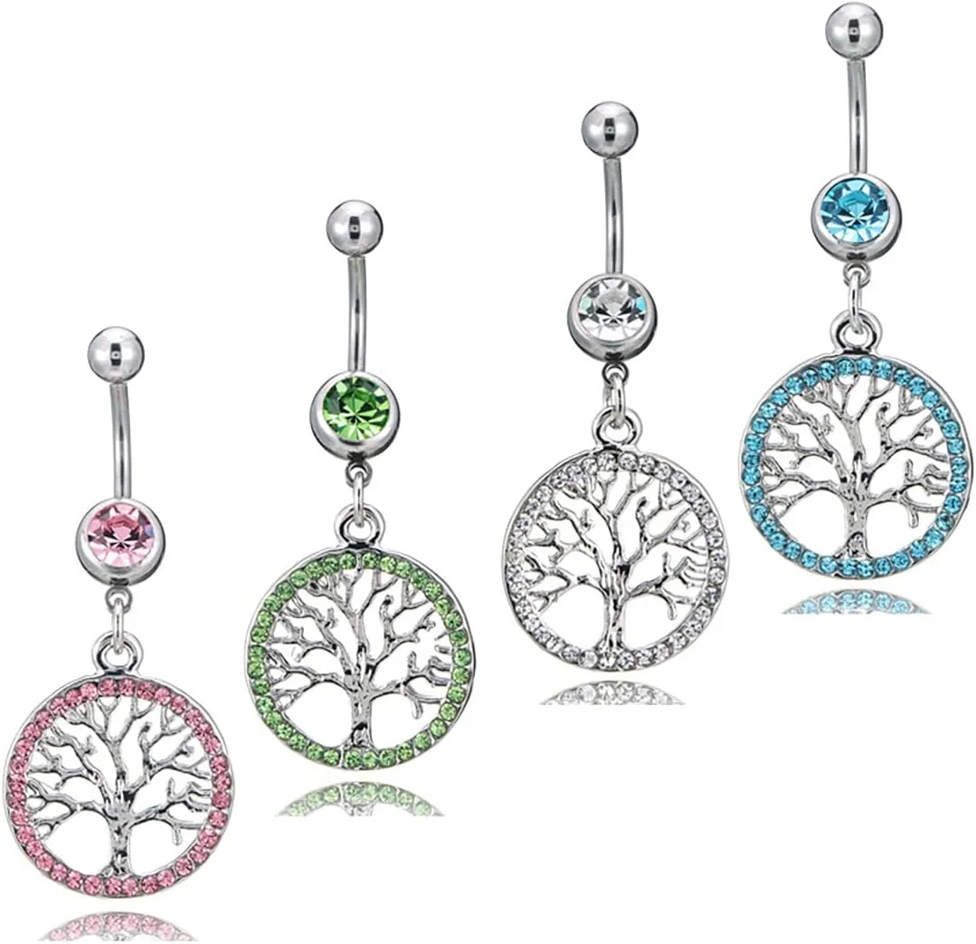 Rhinestone Tree of Life Belly Button Ring for Women Elegant Crystal Dangle Belly Button Ring Hypoallergenic Stainless Steel Piercing Jewelry