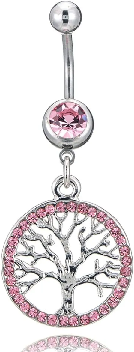 Rhinestone Tree of Life Belly Button Ring for Women Elegant Crystal Dangle Belly Button Ring Hypoallergenic Stainless Steel Piercing Jewelry