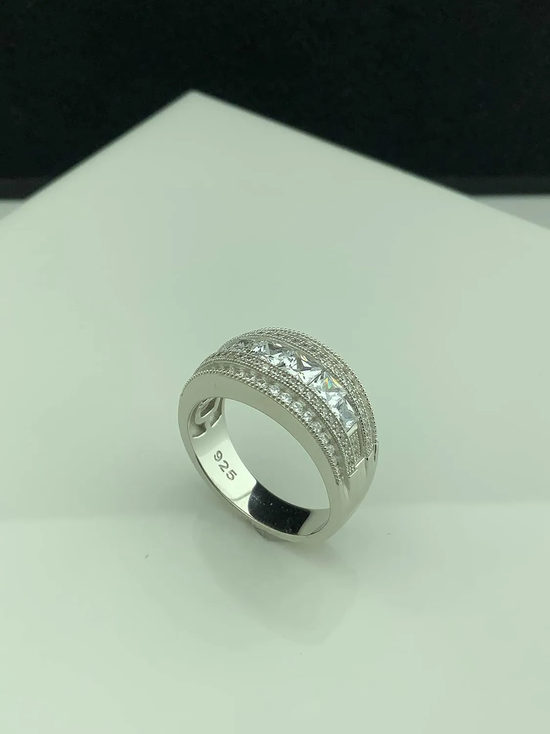 Rhodium Plated Sterling Silver Wide Square Cut Womens Cubic Zirconia Statement Ring Unique Silver Ladies Cocktail Rings (Size 4-11)