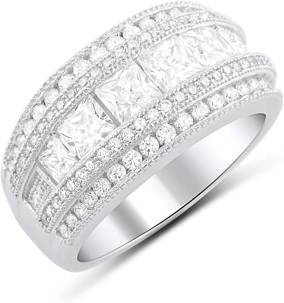Rhodium Plated Sterling Silver Wide Square Cut Womens Cubic Zirconia Statement Ring Unique Silver Ladies Cocktail Rings (Size 4-11)