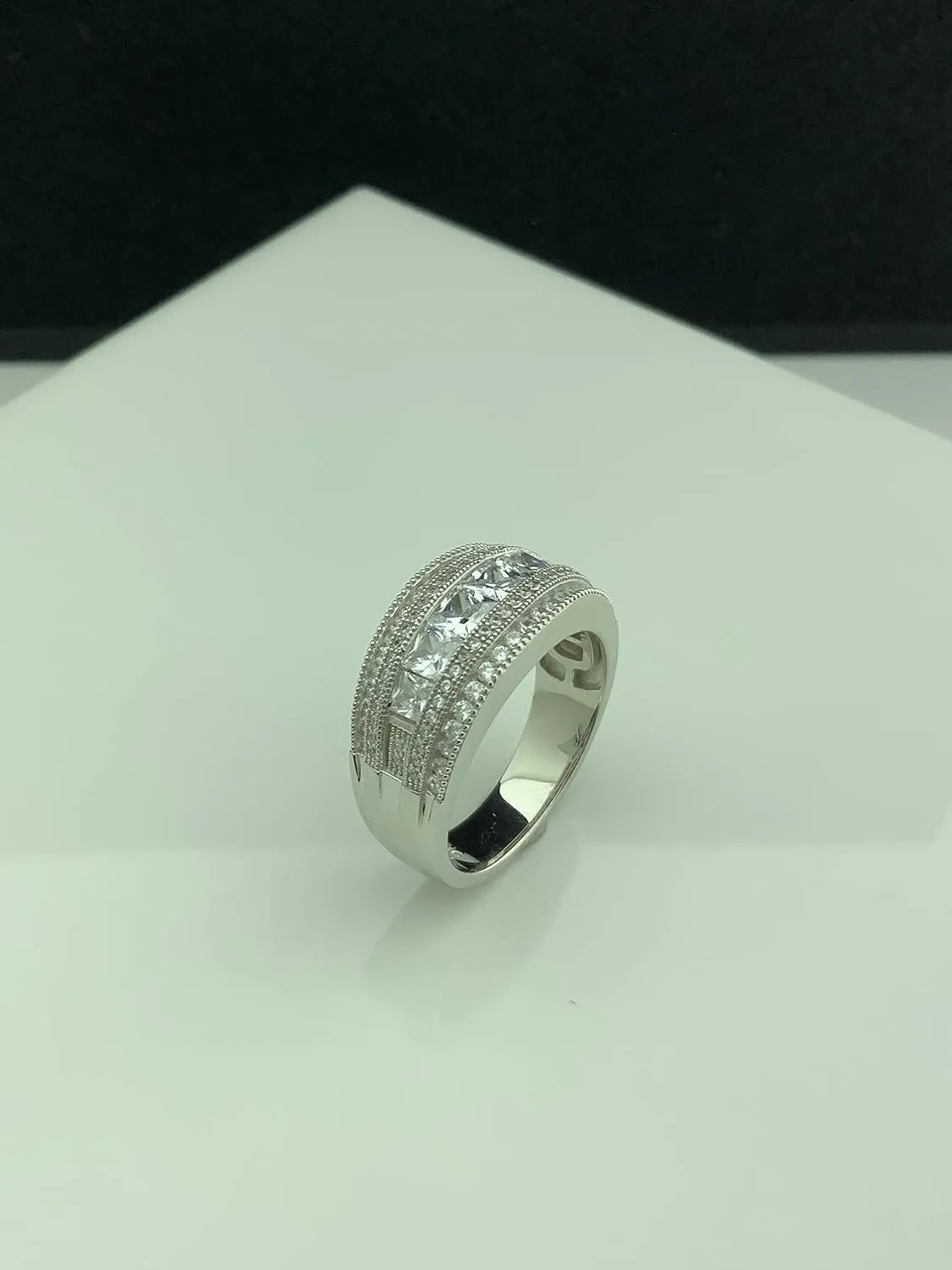 Rhodium Plated Sterling Silver Wide Square Cut Womens Cubic Zirconia Statement Ring Unique Silver Ladies Cocktail Rings (Size 4-11)
