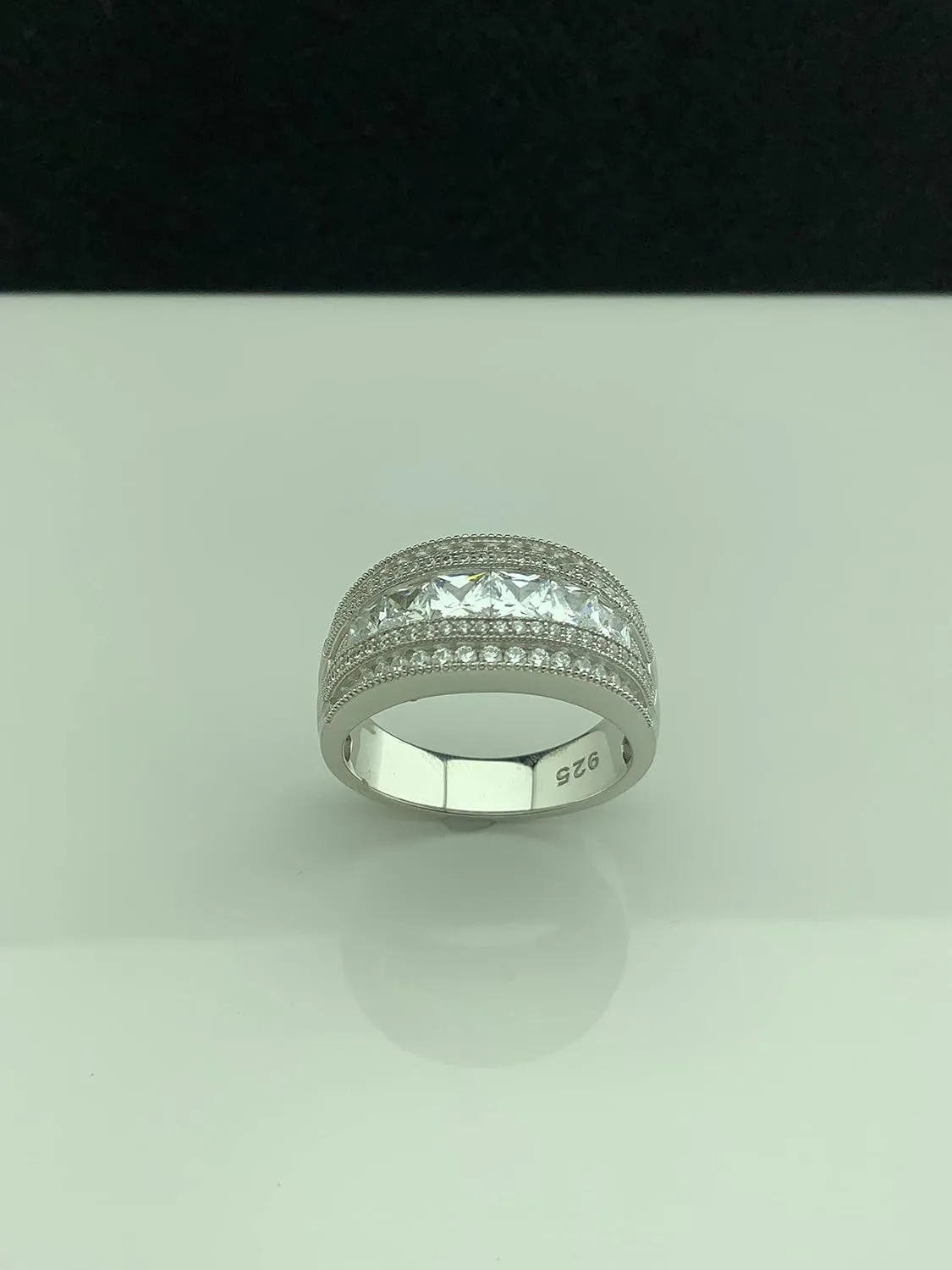 Rhodium Plated Sterling Silver Wide Square Cut Womens Cubic Zirconia Statement Ring Unique Silver Ladies Cocktail Rings (Size 4-11)