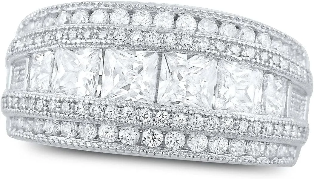 Rhodium Plated Sterling Silver Wide Square Cut Womens Cubic Zirconia Statement Ring Unique Silver Ladies Cocktail Rings (Size 4-11)