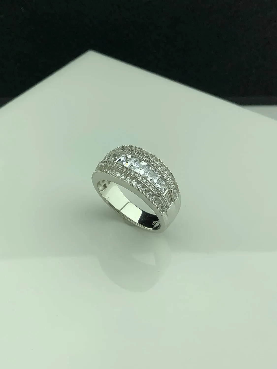 Rhodium Plated Sterling Silver Wide Square Cut Womens Cubic Zirconia Statement Ring Unique Silver Ladies Cocktail Rings (Size 4-11)