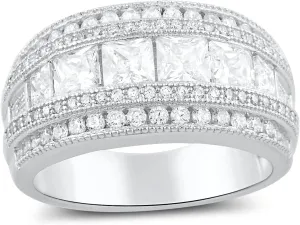 Rhodium Plated Sterling Silver Wide Square Cut Womens Cubic Zirconia Statement Ring Unique Silver Ladies Cocktail Rings (Size 4-11)