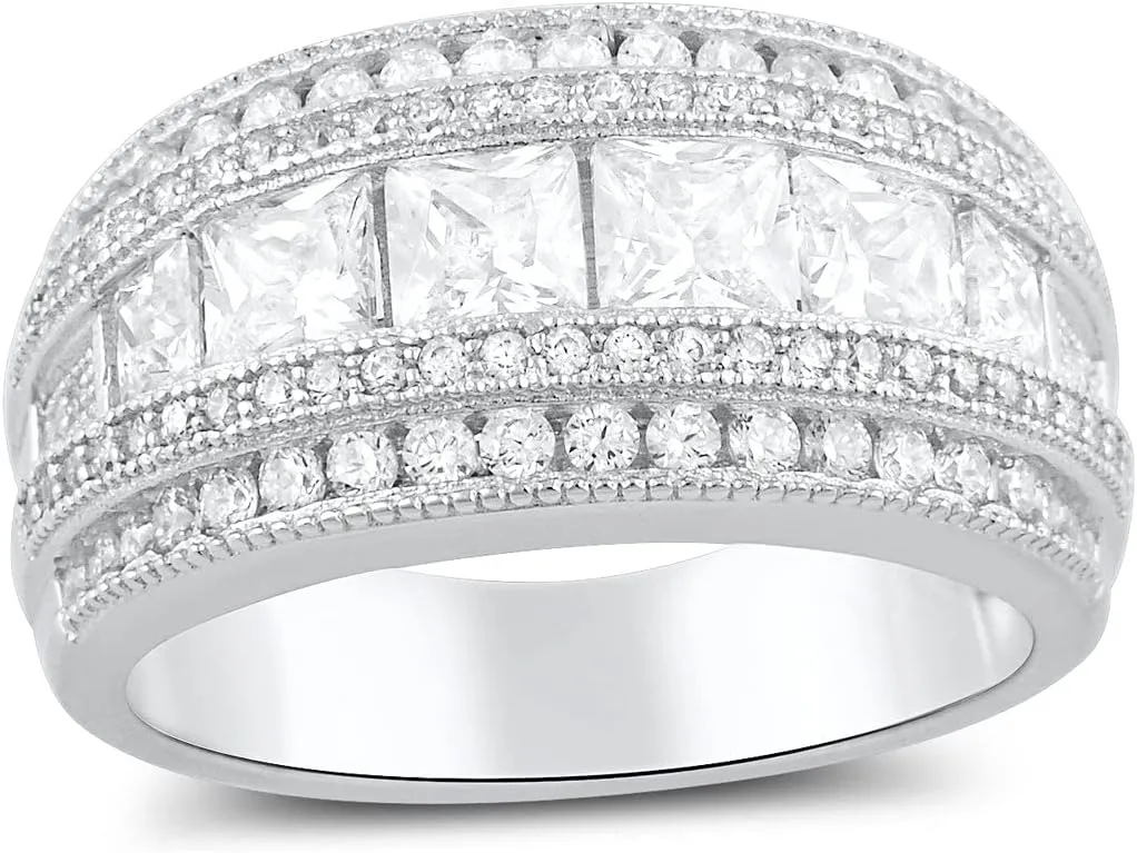 Rhodium Plated Sterling Silver Wide Square Cut Womens Cubic Zirconia Statement Ring Unique Silver Ladies Cocktail Rings (Size 4-11)