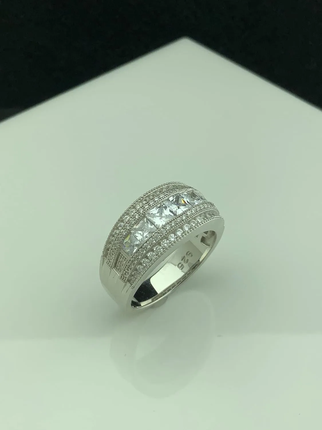 Rhodium Plated Sterling Silver Wide Square Cut Womens Cubic Zirconia Statement Ring Unique Silver Ladies Cocktail Rings (Size 4-11)