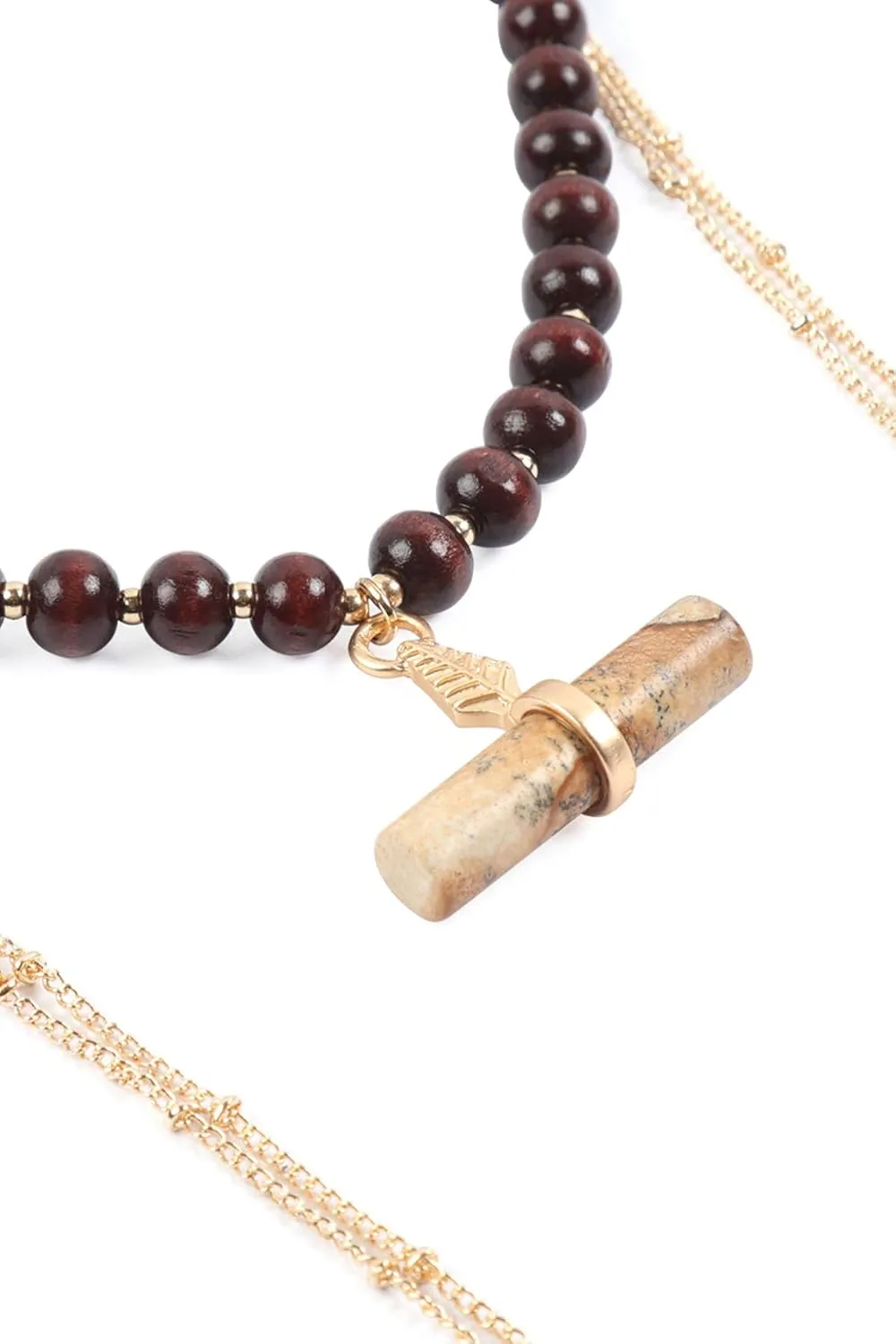 RIAH FASHION Bohemian Genuine Natural Stone Wood Bead Strand Statement Necklace - Multi Layer Drape, Sparkly Crystal Wrap, Long Chain, Choker