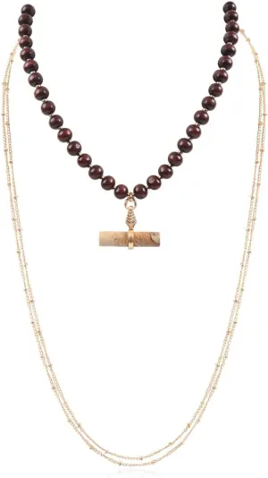 RIAH FASHION Bohemian Genuine Natural Stone Wood Bead Strand Statement Necklace - Multi Layer Drape, Sparkly Crystal Wrap, Long Chain, Choker