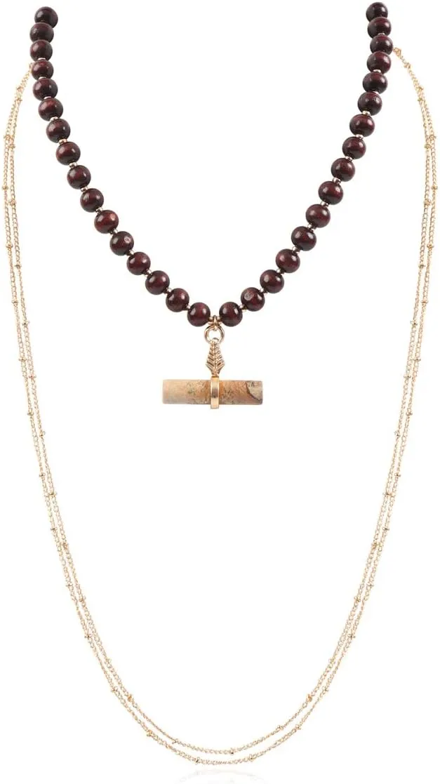 RIAH FASHION Bohemian Genuine Natural Stone Wood Bead Strand Statement Necklace - Multi Layer Drape, Sparkly Crystal Wrap, Long Chain, Choker