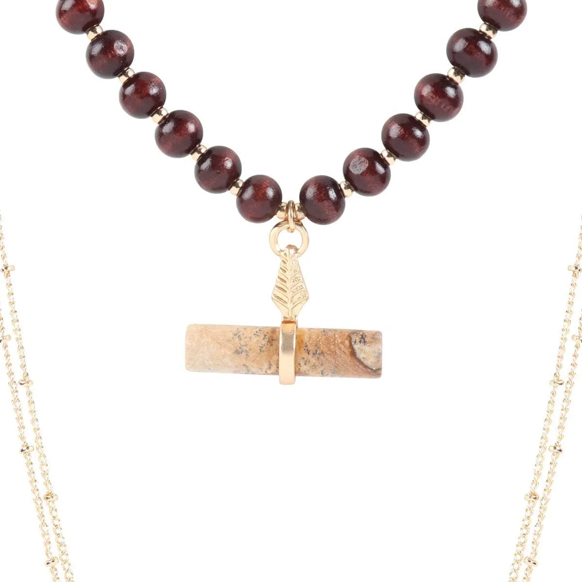 RIAH FASHION Bohemian Genuine Natural Stone Wood Bead Strand Statement Necklace - Multi Layer Drape, Sparkly Crystal Wrap, Long Chain, Choker