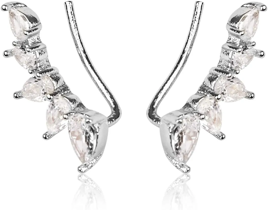 RIAH FASHION Sparkly Rhinestone Pave Ear Crawler Earrings - Delicate Cubic Crystal Earlobe Cuff Climber Floral Petal, Leaf Branch, Feather, Star, Geometric