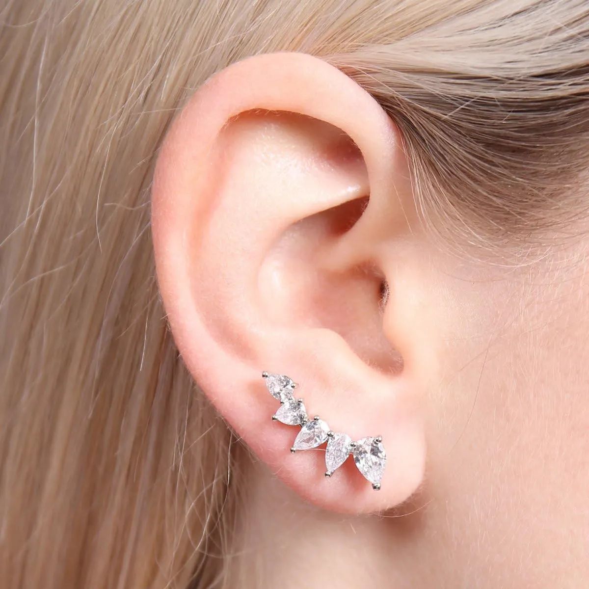 RIAH FASHION Sparkly Rhinestone Pave Ear Crawler Earrings - Delicate Cubic Crystal Earlobe Cuff Climber Floral Petal, Leaf Branch, Feather, Star, Geometric