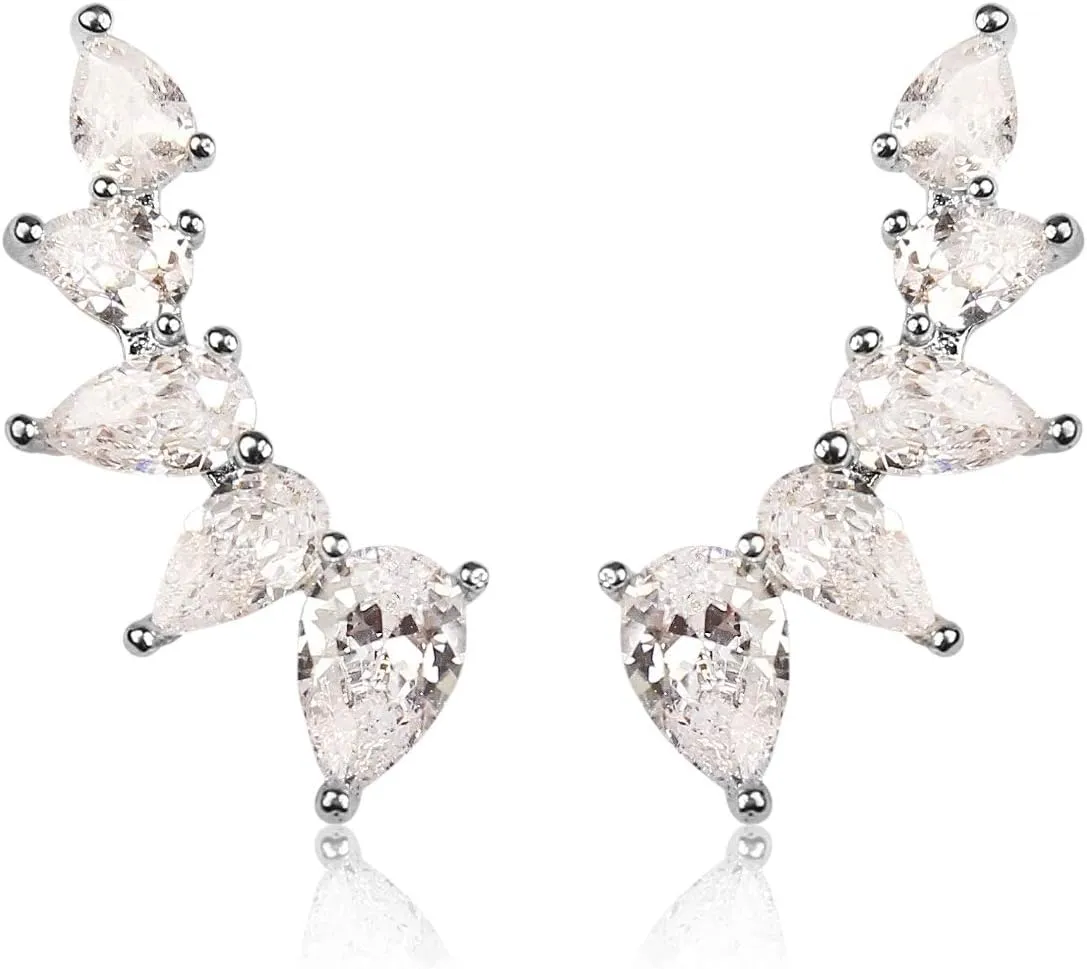 RIAH FASHION Sparkly Rhinestone Pave Ear Crawler Earrings - Delicate Cubic Crystal Earlobe Cuff Climber Floral Petal, Leaf Branch, Feather, Star, Geometric
