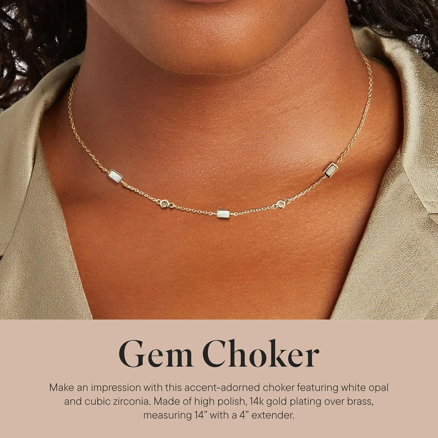 Rocksbox Gem Choker Necklace - Choker Necklace for Women - High Polish Plating with White Opal and Cubic Zirconia - Premium Quality Jewelry - 14" with Extender
