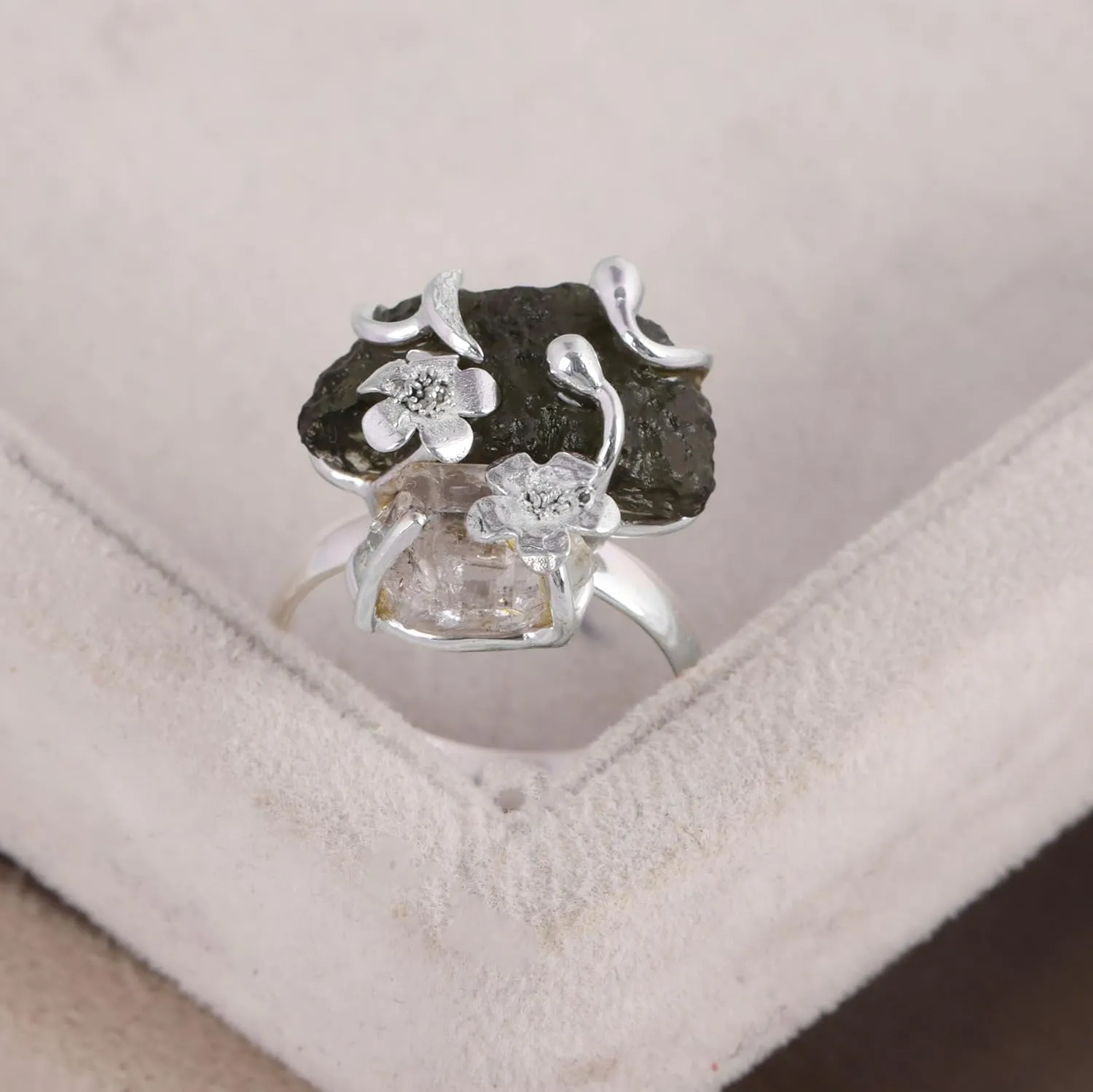 Rough Moldavite & Herkimer Diamond Ring, 925 Sterling Silver, Two Gemstone Ring, Handmade Statement Ring, Women Jewelry, Gift For Her
