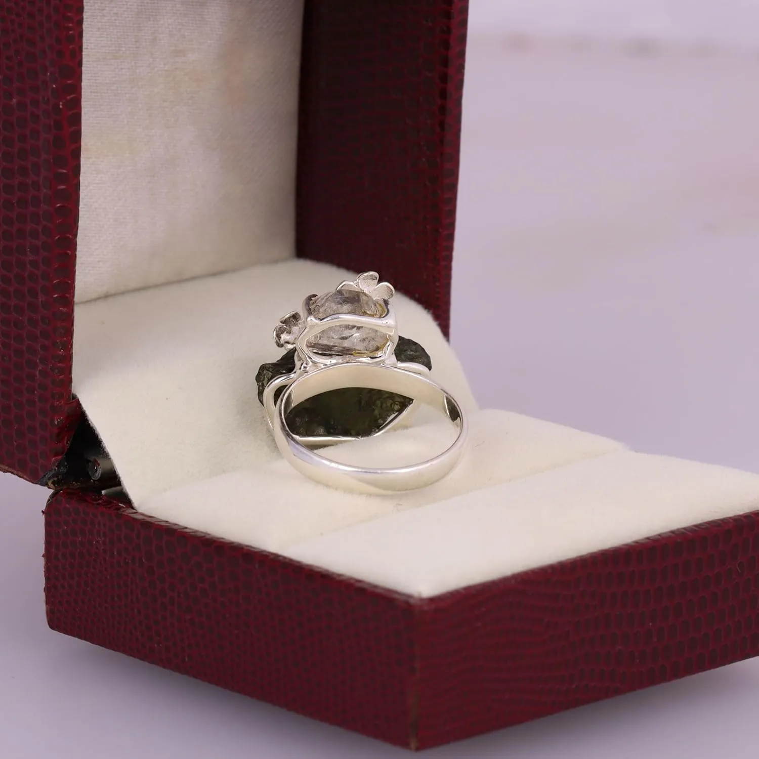 Rough Moldavite & Herkimer Diamond Ring, 925 Sterling Silver, Two Gemstone Ring, Handmade Statement Ring, Women Jewelry, Gift For Her