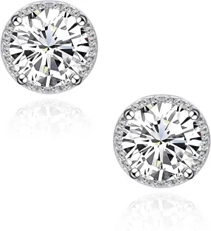 Round Cubic Zirconia Earrings Stud 8mm CZ Studs Earrings Hypoallergenic Princess Cut Earrings 925 Sterling Silver Post Studs Earrings for Women
