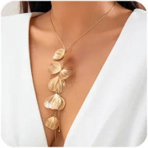 Rrdaily Long Ginkgo Leaf Y-Shape Pendant Necklace Bohemian Style Large Plant Leaves Flower Choker Necklace Summer Beach Vacation Jewelry Gift for Women