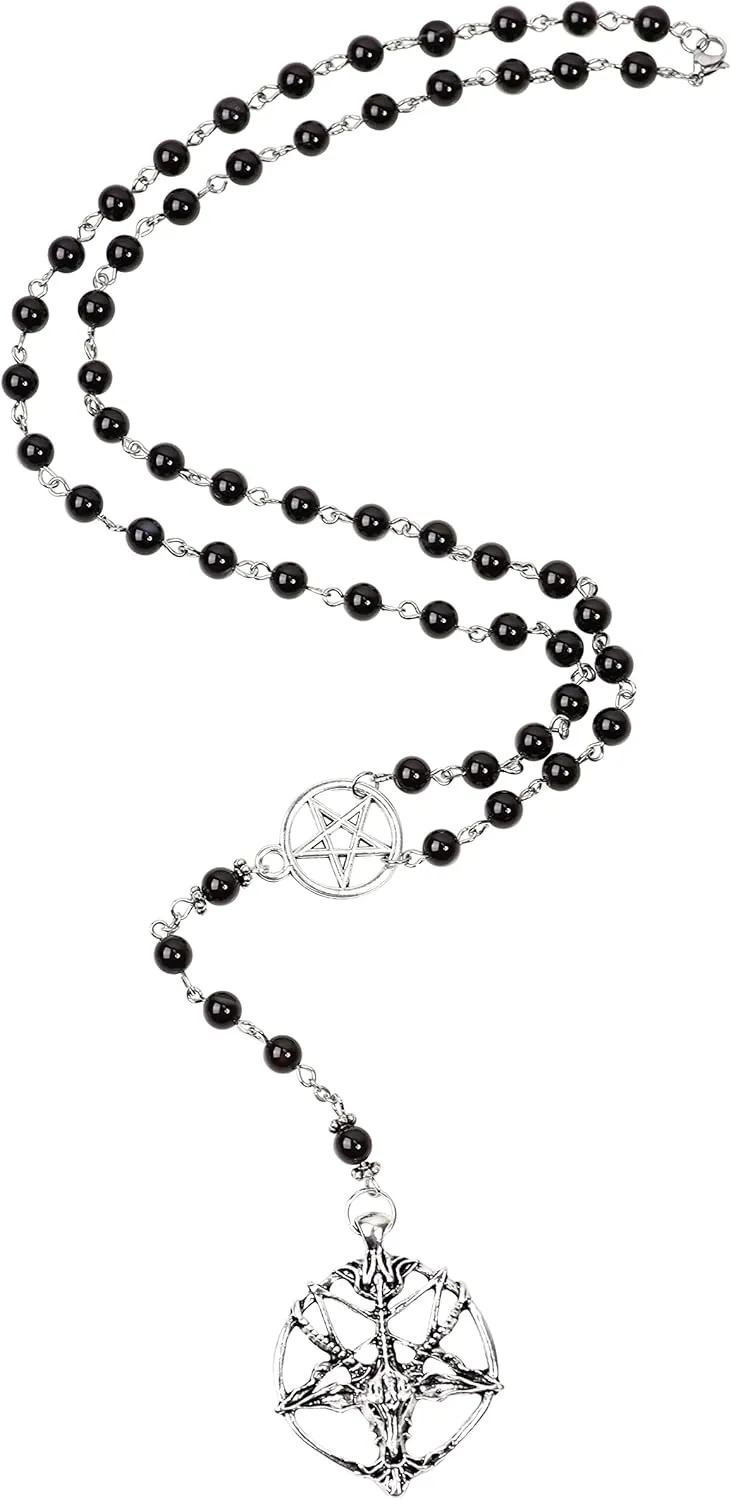Sacina Gothic Baphomet Necklace, Pentagram Necklace, Long Bead Rosary Necklace, Goth Necklace, Halloween Christmas New Year Jewelry Gift For Women, Men