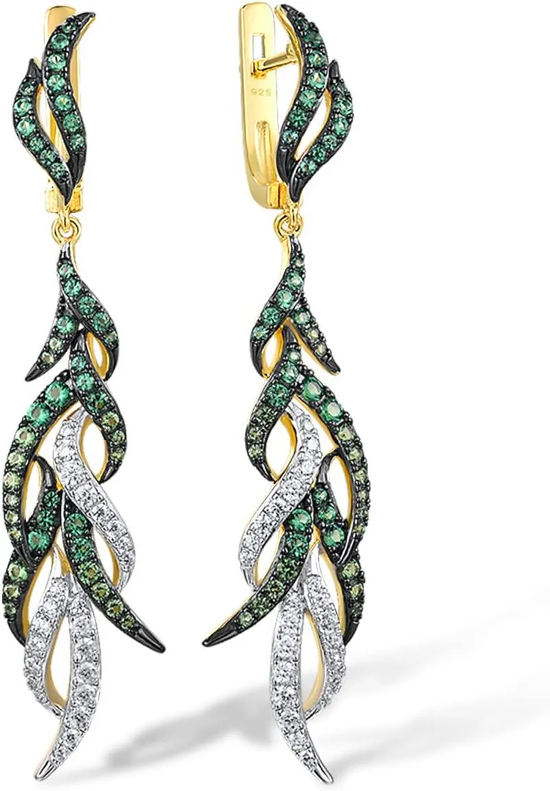 Santuzza 925 Sterling Silver Cubic Zirconia Gemstone Feather Dangle Earrings for Women