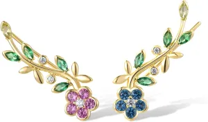 Santuzza 925 Sterling Silver Orchid Earrings Green Spinel Leaf Stud Earrings For Women