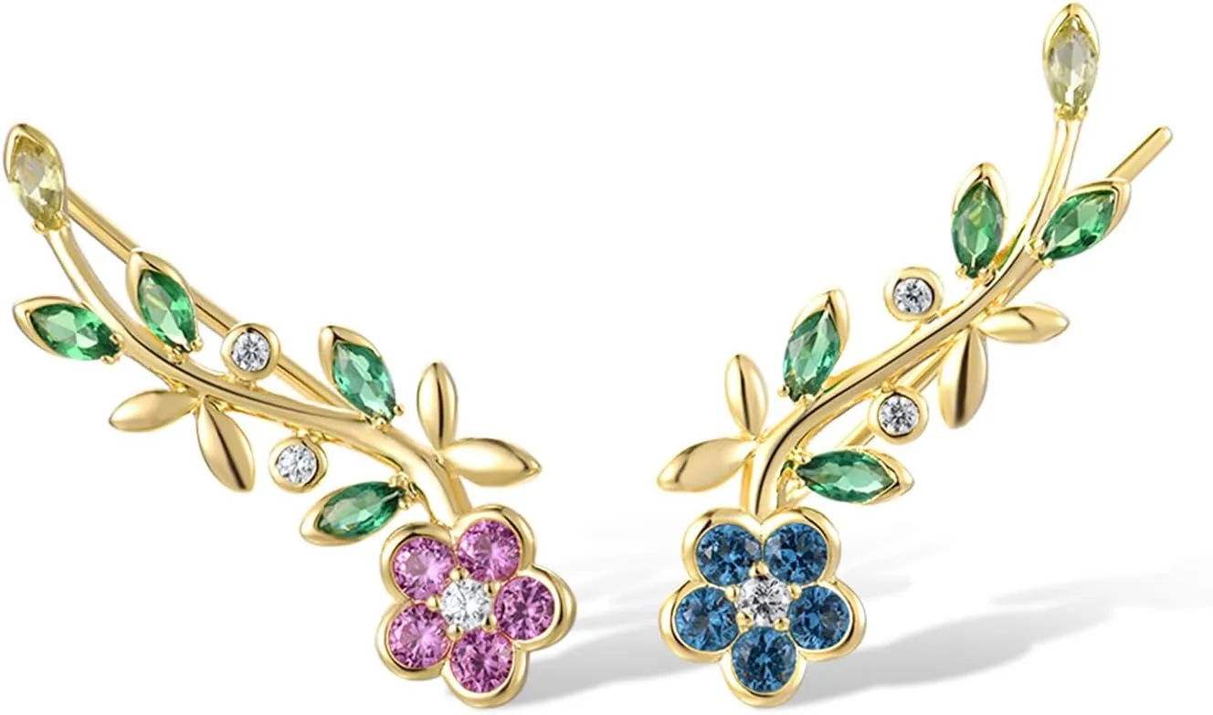 Santuzza 925 Sterling Silver Orchid Earrings Green Spinel Leaf Stud Earrings For Women