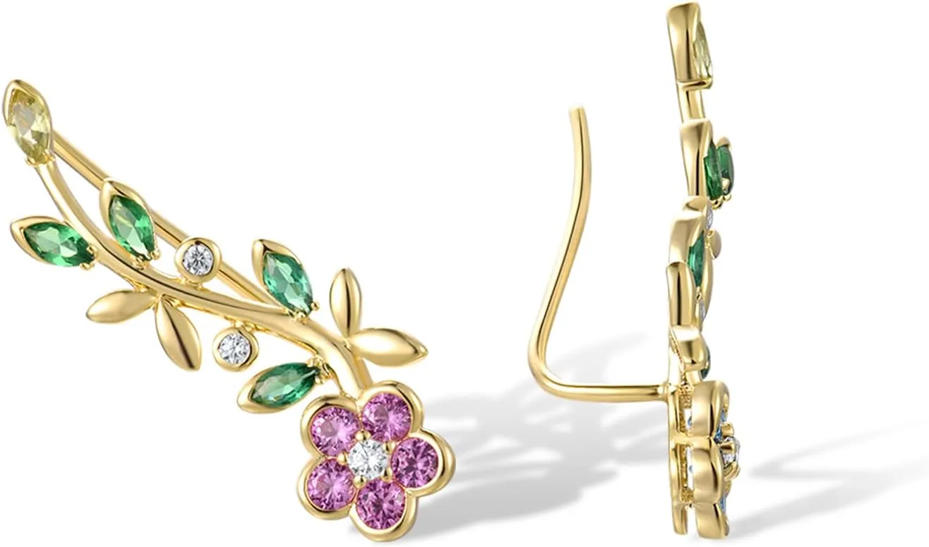 Santuzza 925 Sterling Silver Orchid Earrings Green Spinel Leaf Stud Earrings For Women