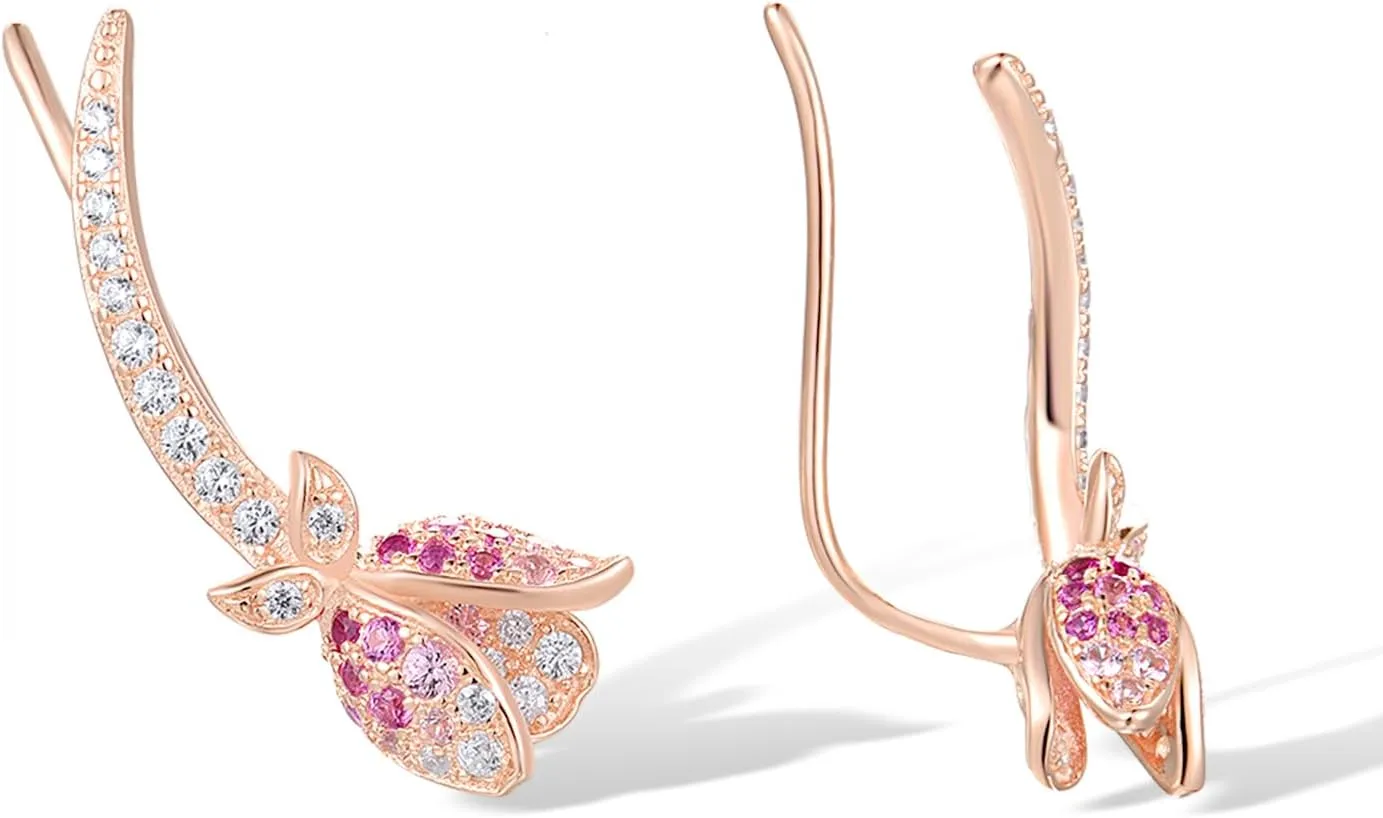 Santuzza 925 Sterling Silver Pink Tulip Cuff Pierce Earrings for Women