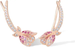 Santuzza 925 Sterling Silver Pink Tulip Cuff Pierce Earrings for Women