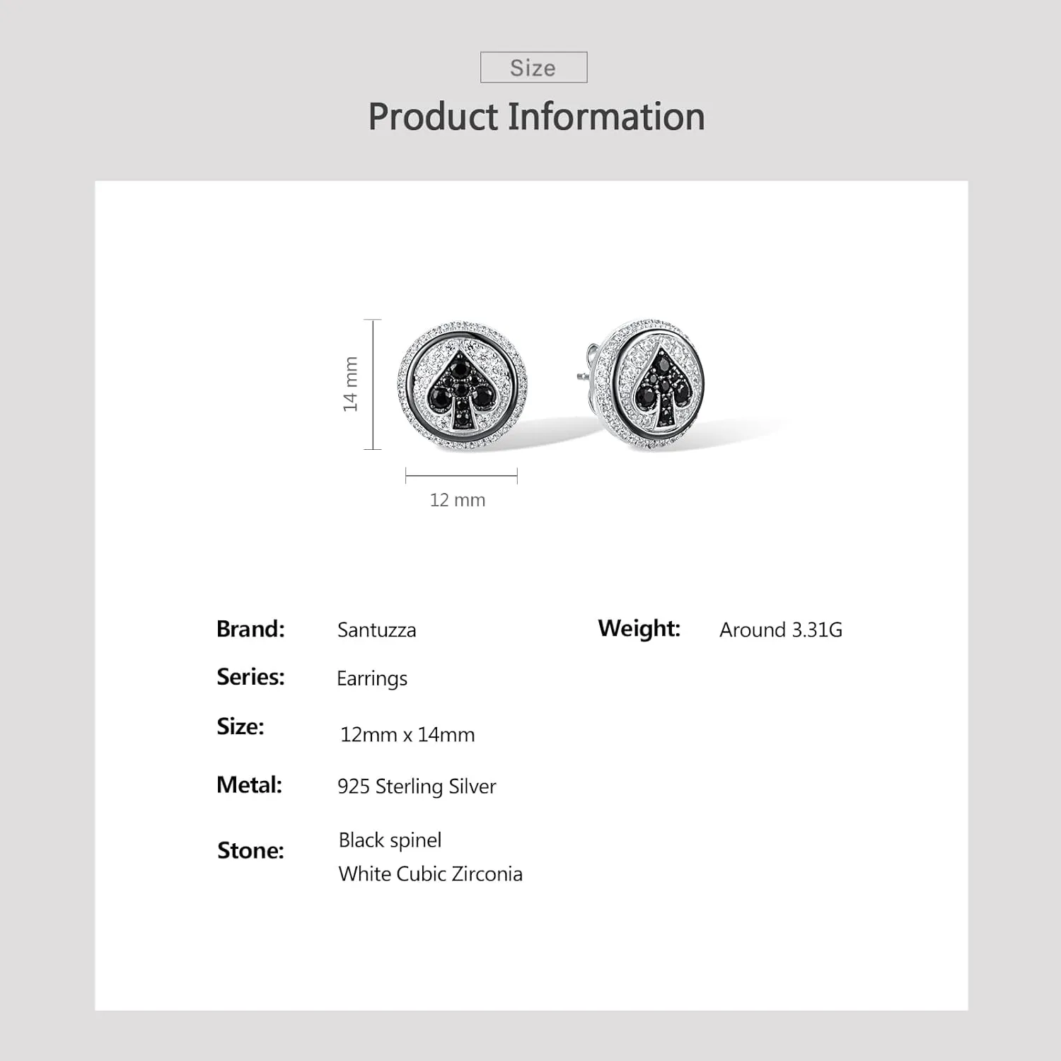 Santuzza 925 Sterling Silver Round Shape Gemstone Earrings White Cubic Zirconia Poker Four Suits Stud Earrings for Women