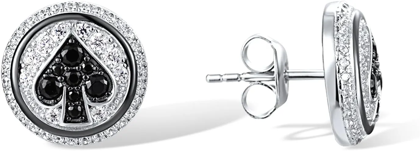 Santuzza 925 Sterling Silver Round Shape Gemstone Earrings White Cubic Zirconia Poker Four Suits Stud Earrings for Women