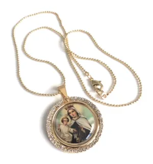 SIFRIMANIA Virgen del Carmen Shimmering Rhinestone Catholic Medal Colorful Image Necklace 17.2 Inches Ball Chain (Lady of Mount Carmel)