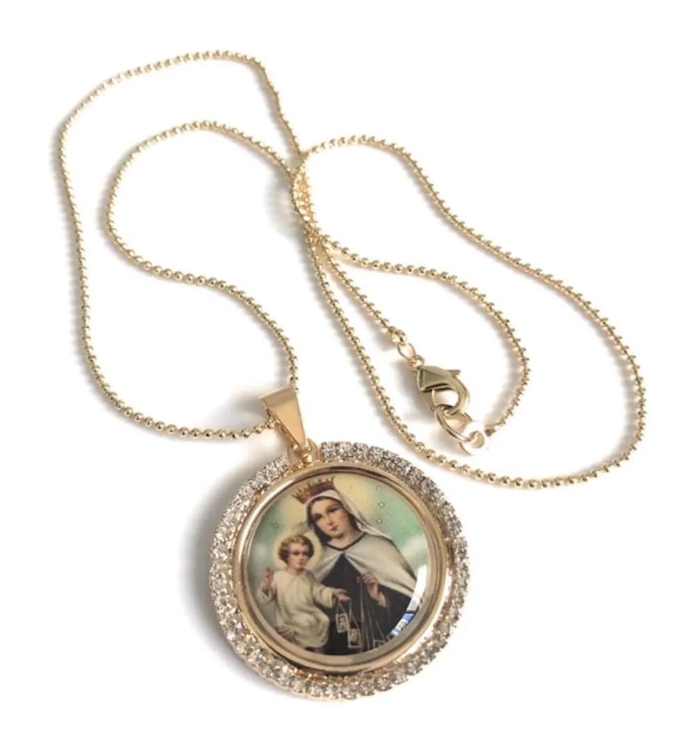 SIFRIMANIA Virgen del Carmen Shimmering Rhinestone Catholic Medal Colorful Image Necklace 17.2 Inches Ball Chain (Lady of Mount Carmel)