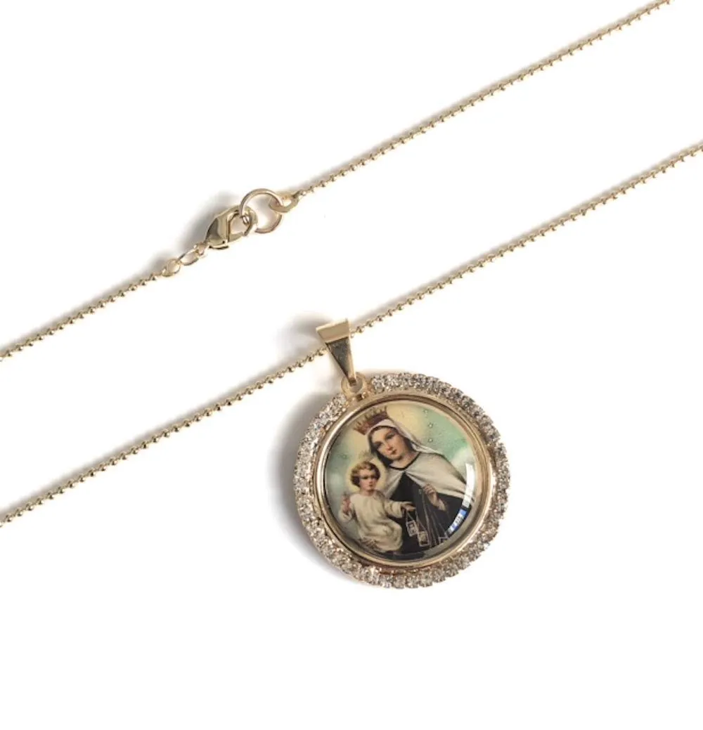 SIFRIMANIA Virgen del Carmen Shimmering Rhinestone Catholic Medal Colorful Image Necklace 17.2 Inches Ball Chain (Lady of Mount Carmel)