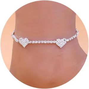 Silver Ankle Bracelets for Women, Adjustable Rhinestone Pendant Tennis Anklet, Butterfly Heart Infinite Diamond Summer Beach Foot Chain Jewelry Gifts