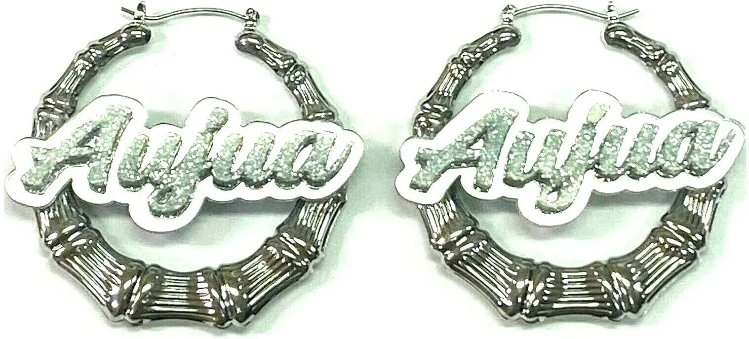 Silver Bamboo Hoop Earrings Personalized Custom Stylish 2.5 Inch Size Name Plate Laser Cut Diamond Look Script Cursive Letters Design Stunning Look - Quality, Attractive Gold Bamboo Earrings, Made To Order - Any Name