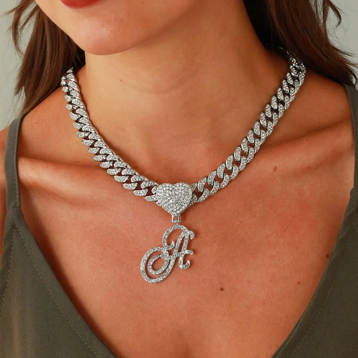 Silver Cuban Link Chain for Women men Initial Necklaces Iced Out Chain with Heart Letter Pendants Custom Chain Bling Name Necklace personalized Women Hip Hop Jewelry Gift