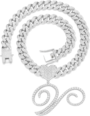 Silver Cuban Link Chain for Women men Initial Necklaces Iced Out Chain with Heart Letter Pendants Custom Chain Bling Name Necklace personalized Women Hip Hop Jewelry Gift