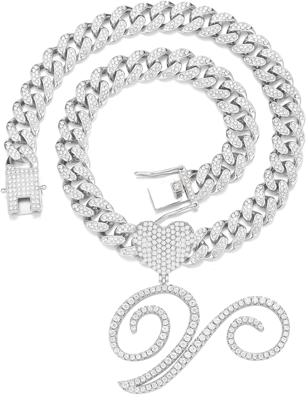 Silver Cuban Link Chain for Women men Initial Necklaces Iced Out Chain with Heart Letter Pendants Custom Chain Bling Name Necklace personalized Women Hip Hop Jewelry Gift