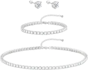 Silver Jewelry Set Tennis Necklaces for Women Sterling Silver Wedding Jewelry Sets for Brides Rhinestone Choker Necklace and Earring Set Bridal Prom Jewelry Set Accessories