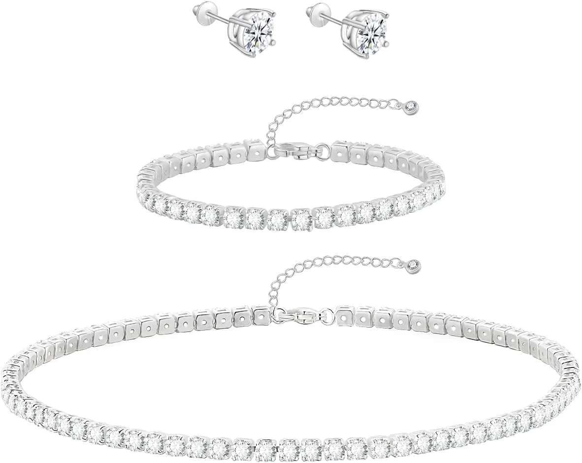 Silver Jewelry Set Tennis Necklaces for Women Sterling Silver Wedding Jewelry Sets for Brides Rhinestone Choker Necklace and Earring Set Bridal Prom Jewelry Set Accessories