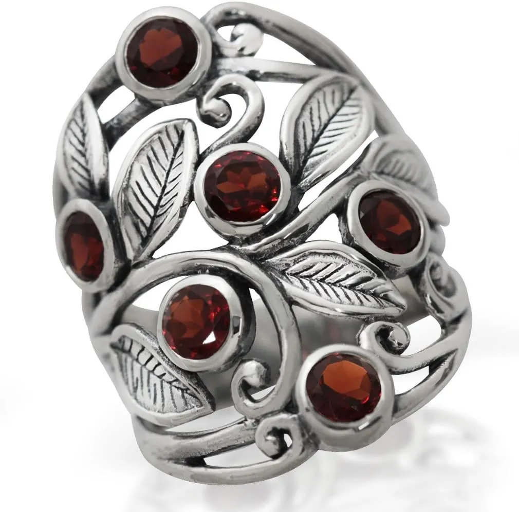 Silvershake Natural or Created Stones 925 Sterling Silver Unique Filigree Leaf Ring Right Hand Jewelry for Women