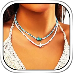 Sixexey Boho Starfish Necklaces Beach Beads Jewelry Necklace Layered Summer Hawaiian Necklace Jewelry for Women