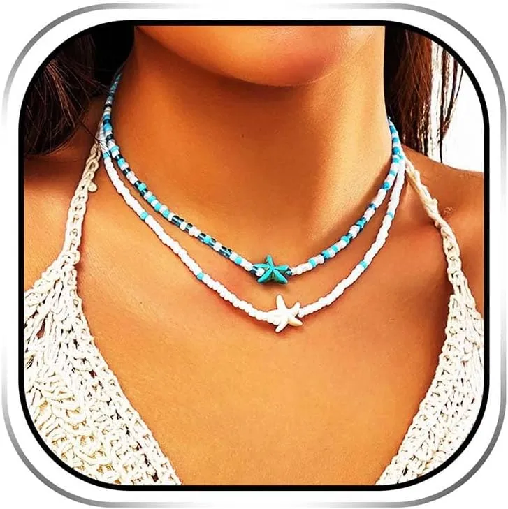 Sixexey Boho Starfish Necklaces Beach Beads Jewelry Necklace Layered Summer Hawaiian Necklace Jewelry for Women