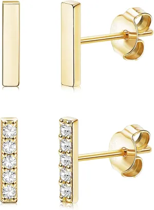 Sllaiss Sterling Silver & Gold Plated CZ Bar Earrings Set - Tiny Studs & Huggie Cartilage