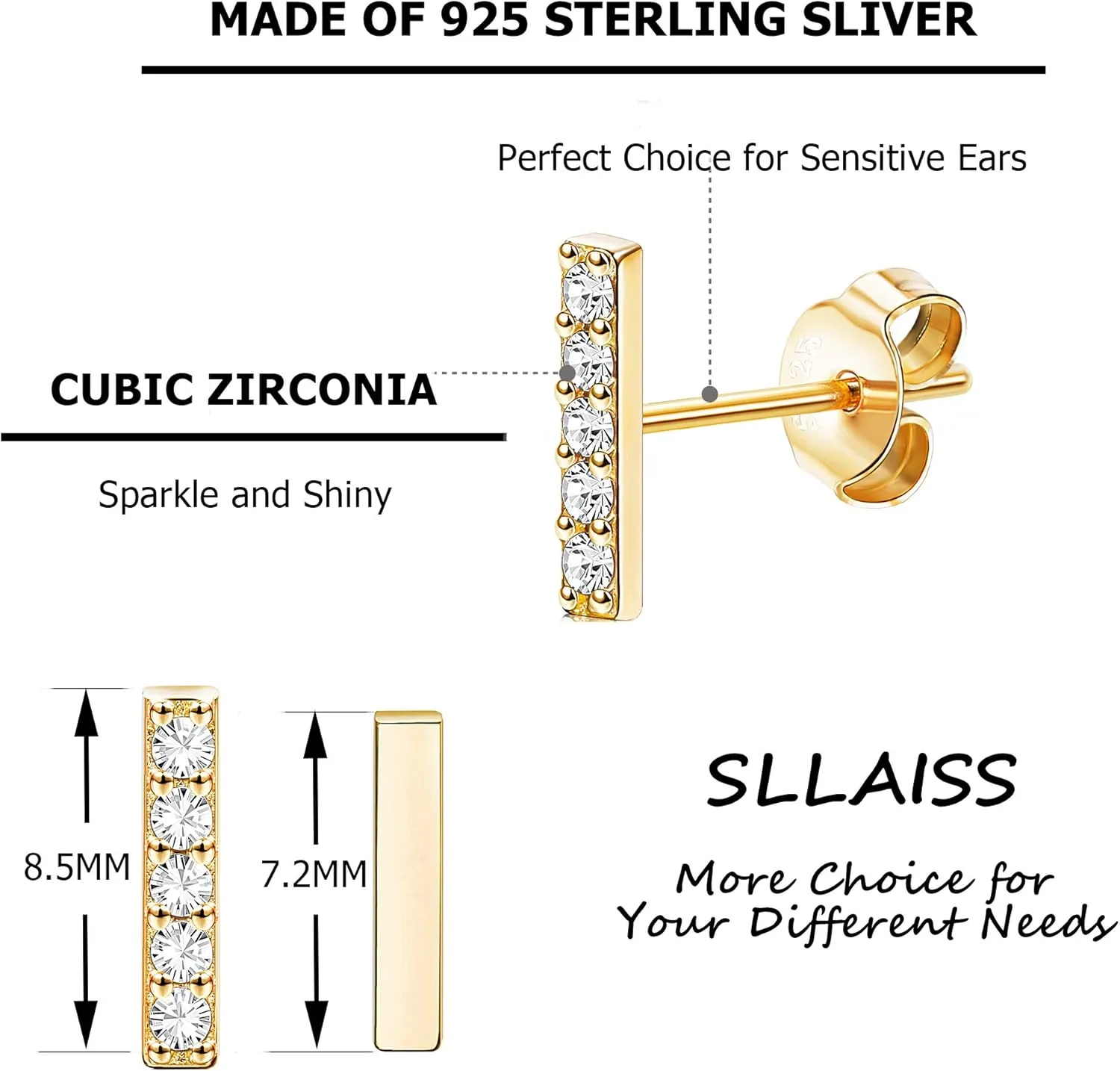 Sllaiss Sterling Silver & Gold Plated CZ Bar Earrings Set - Tiny Studs & Huggie Cartilage