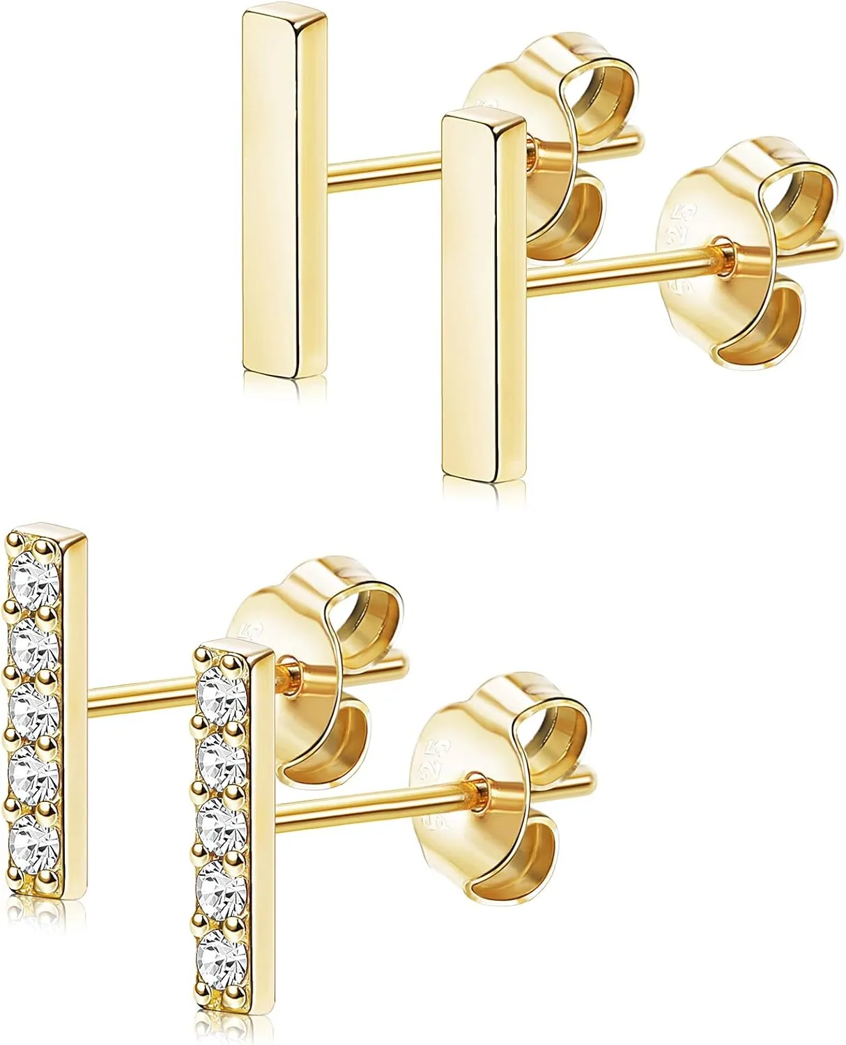 Sllaiss Sterling Silver & Gold Plated CZ Bar Earrings Set - Tiny Studs & Huggie Cartilage